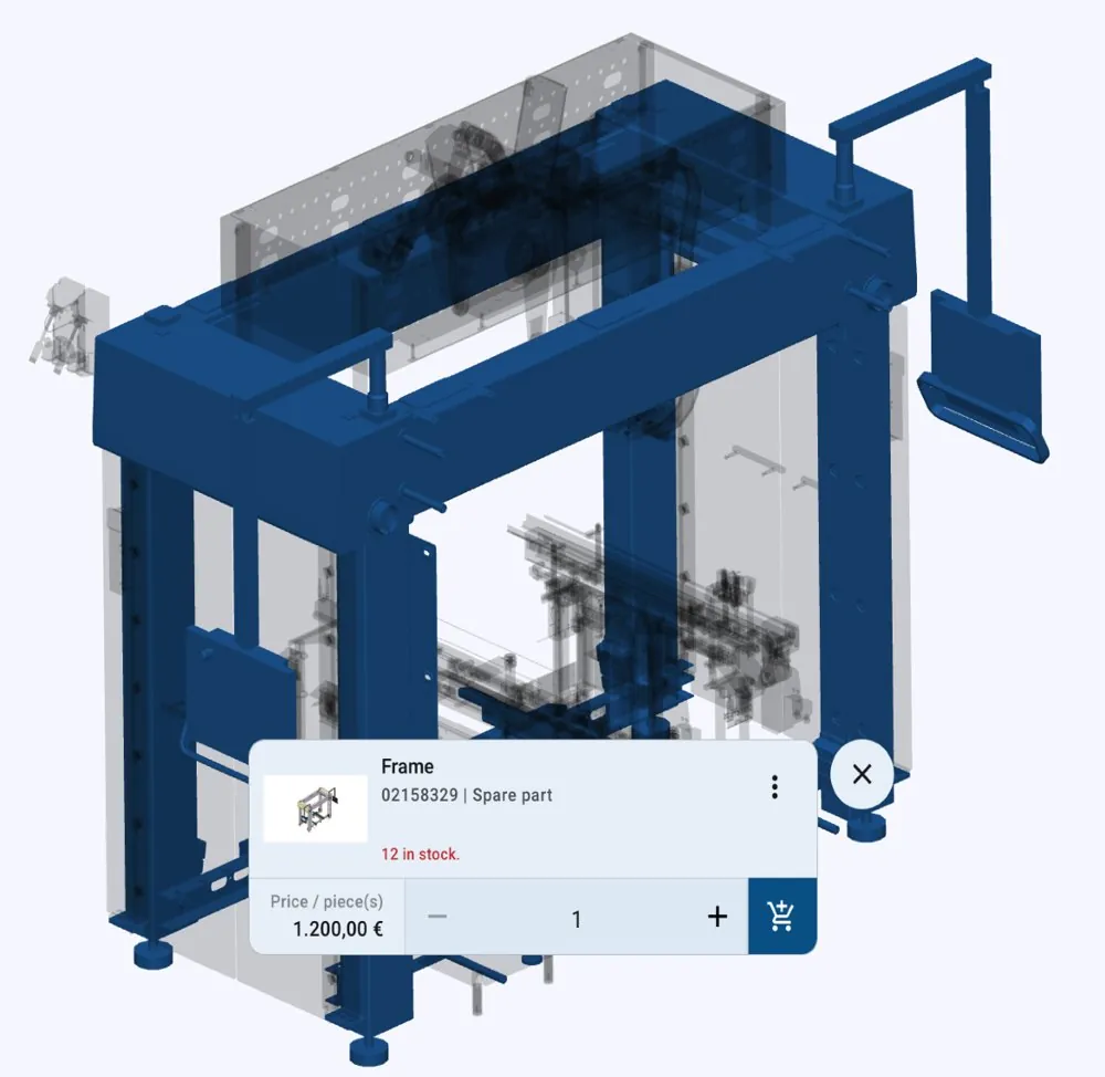 3D model with the selected part “Frame”: part number, 12 in stock, price €1,200.00, add-to-cart button