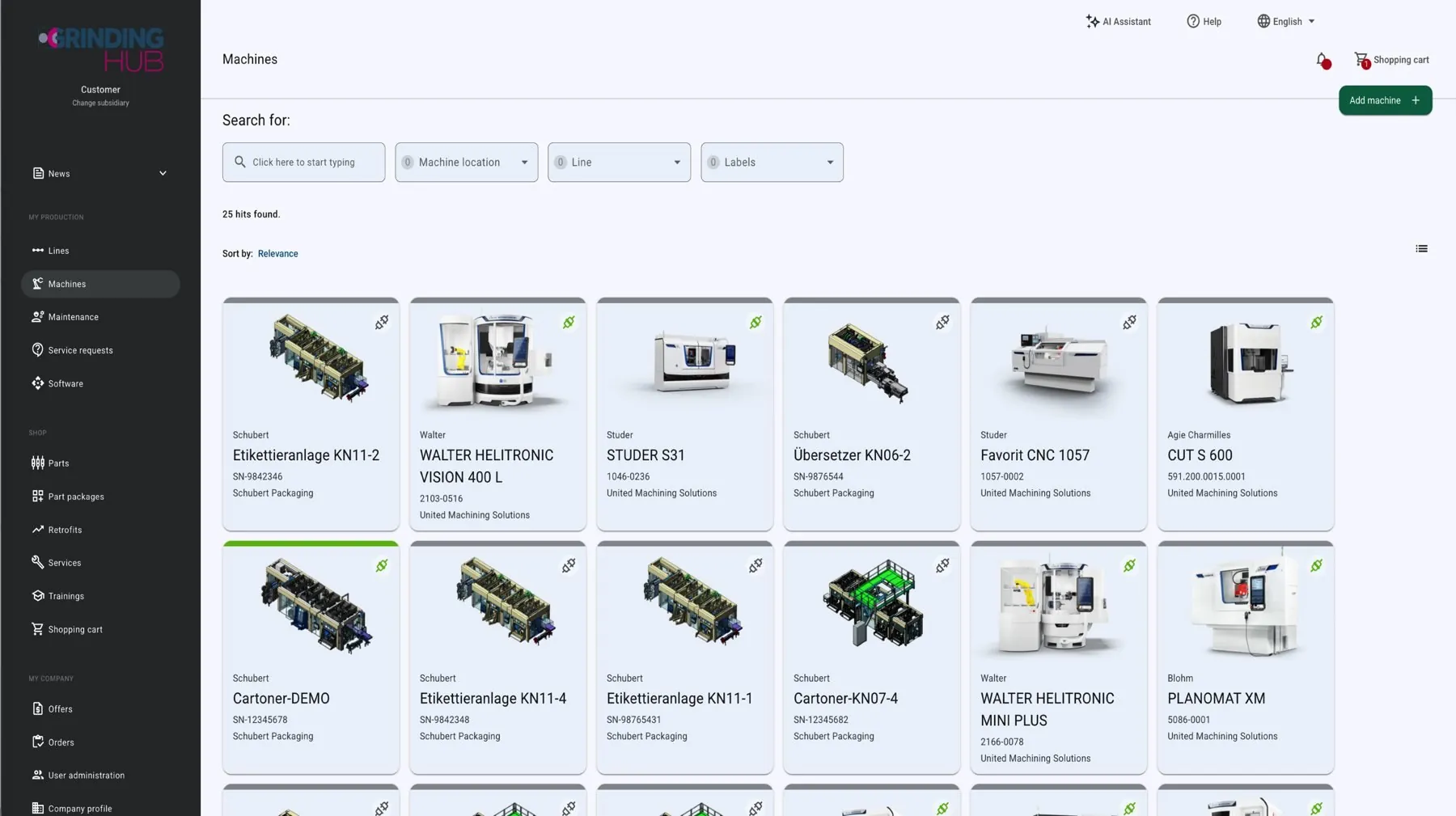 Customer account with the machine overview: picture, manufacturer, name and serial number for each machine