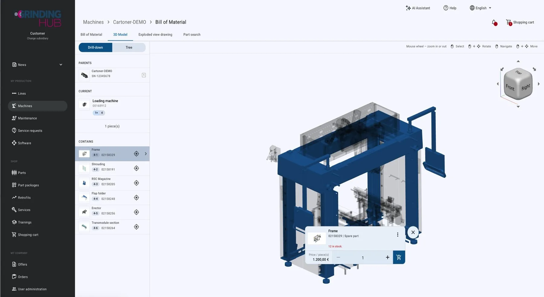 Parts list of a machine next to its 3D model; the selected part is highlighted in the model